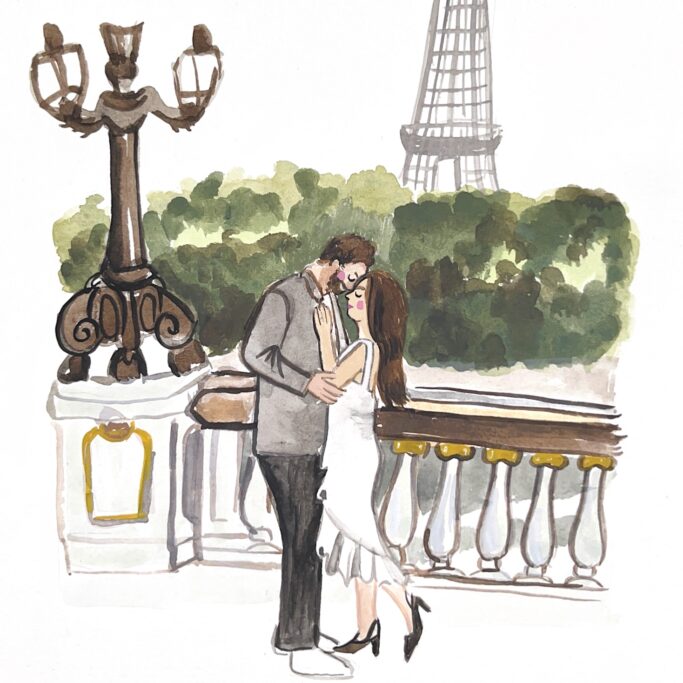 Couple on the Alexandre III Bridge in Paris, transformed into beautiful illustrations by Pictours Paris